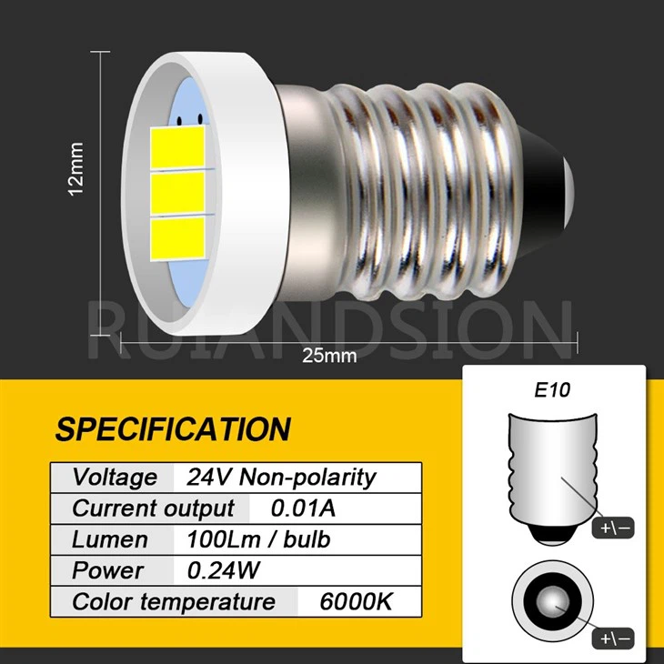 Ruiandsion E10 Miniature Screw Bulbs Flashlights Torch Bike Lights 12V 24V White Warm White